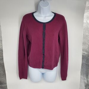 Arizona Jean Co Cropped Cardigan Sweater S Maroon Navy Trim Cotton Blend Y2K